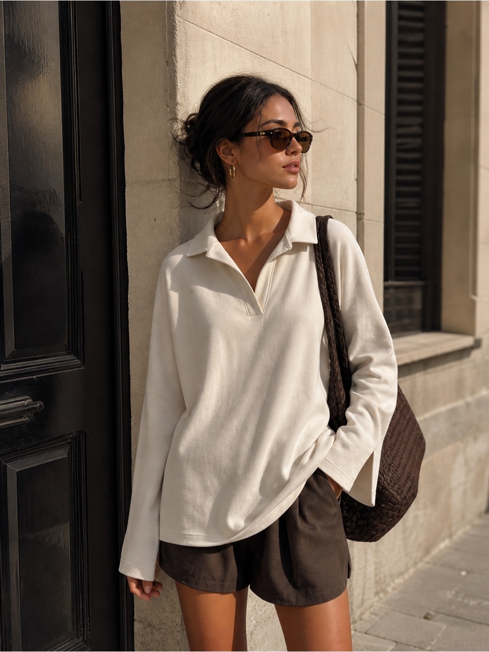 Djerf Avenue Daily Organic Cotton Collared Knit Top Cream | XXL |Scandi Neutral